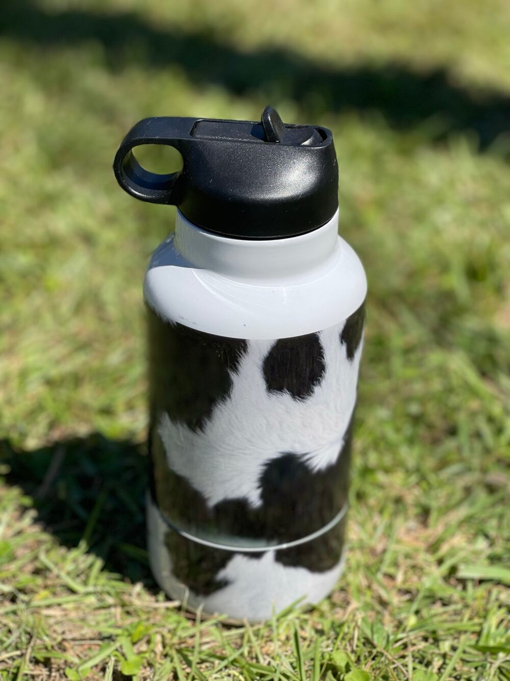 32oz Stainless Steel Water Bottle w/ detachable screw on bowl Cow print